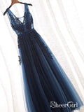 Lace Appliqued See Through Navy Blue Prom Dresses Beaded Tulle Formal Dress APD3344-SheerGirl