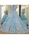 Lace Appliqued Sky Blue Ball Gown Wedding Dresses Off the Shoulder APD2818-SheerGirl