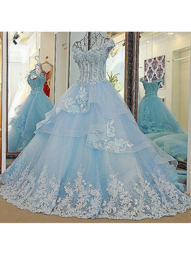 Turquoise Lace Applique Ball Gown Long Ball Gowns Quinceanera Dress AP –  SheerGirl