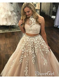 Lace Appliquéd Two Piece Prom Dresses Long Cheap Halter Ball Gowns APD3165-SheerGirl