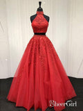 Lace Appliquéd Two Piece Prom Dresses Long Cheap Halter Ball Gowns APD3165-SheerGirl