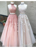 Lace Appliquéd Two Piece Prom Dresses Long Cheap Halter Ball Gowns APD3165-SheerGirl