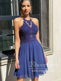 Lace Bodice Knee Length Chiffon Homecoming Dress Crossed Straps Short Prom Dress ARD2628-SheerGirl