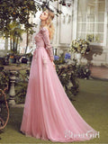 Lace Long Sleeve Pink Prom Dresses V Neck Tulle Appliqued Beaded Evening Ball Gowns ARD1042-SheerGirl