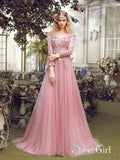 Lace Long Sleeve Pink Prom Dresses V Neck Tulle Appliqued Beaded Evening Ball Gowns ARD1042-SheerGirl