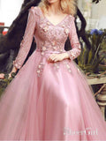 Lace Long Sleeve Pink Prom Dresses V Neck Tulle Appliqued Beaded Evening Ball Gowns ARD1042-SheerGirl