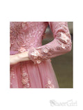 Lace Long Sleeve Pink Prom Dresses V Neck Tulle Appliqued Beaded Evening Ball Gowns ARD1042-SheerGirl