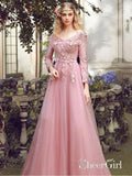 Lace Long Sleeve Pink Prom Dresses V Neck Tulle Appliqued Beaded Evening Ball Gowns ARD1042-SheerGirl