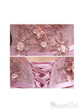 Lace Long Sleeve Pink Prom Dresses V Neck Tulle Appliqued Beaded Evening Ball Gowns ARD1042-SheerGirl