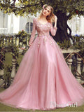 Lace Long Sleeve Pink Prom Dresses V Neck Tulle Appliqued Beaded Evening Ball Gowns ARD1042-SheerGirl