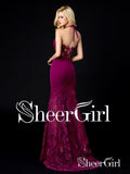 Lace Mermaid Prom Dresses See Through Dark Magenta Backless Sexy Formal Dresses ARD1104-SheerGirl