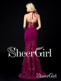 Lace Mermaid Prom Dresses See Through Dark Magenta Backless Sexy Formal Dresses ARD1104-SheerGirl