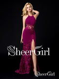 Lace Mermaid Prom Dresses See Through Dark Magenta Backless Sexy Formal Dresses ARD1104-SheerGirl