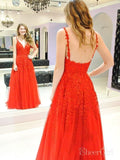 Lace Prom Dresses Long V Neck Rose Red Formal Maxi Dress apd3235-SheerGirl