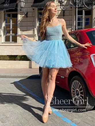 Sky Blue Strapless Sparkly Homecoming Dress Knee Length Short Prom Dress  ARD2891