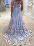 Light Blue Prom Dresses Lace Appliqued Off the Shoulder Long Prom Dress ARD1321-SheerGirl