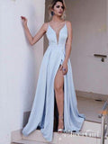 Light Blue Simple Prom Dresses with Slit Sexy V Neck Formal Dresses ARD1440-SheerGirl