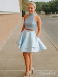 Light Blue Two Piece Mini Homecoming Dresses with Pocket Halter Beaded Hoco Dress ard1709-SheerGirl