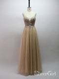 Light Gold Gorgeous Bodice Plounging Neck Spaghetti Long Prom Dress ARD2567-SheerGirl