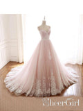 Light Pink Tulle Iovry Appliqued Quinceanera Dress Sweet Heart Neckline Cathedral Train Wedding Dress AWD1705-SheerGirl