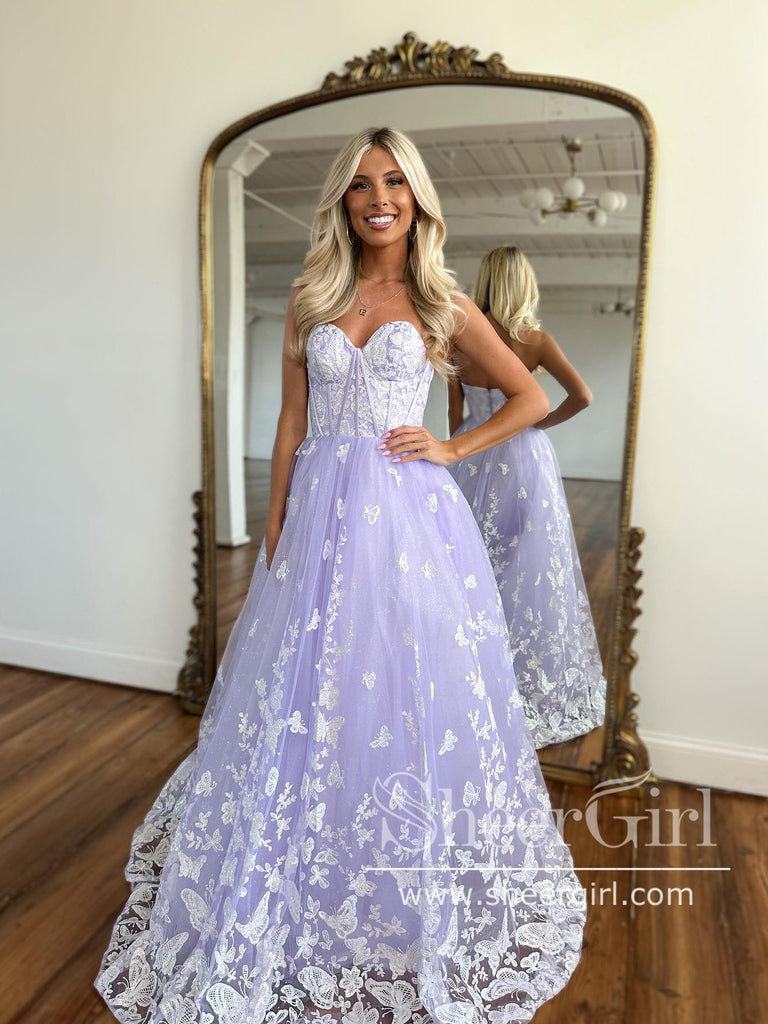 Lilac Butterfly Lace A Line Prom Dresses Strapless Sparkly Long Party –  SheerGirl