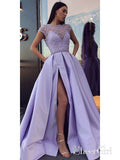 Lilac Long Prom Dresses with Slit Beaded See Through Cap Sleeve Prom Dress ARD1465-SheerGirl