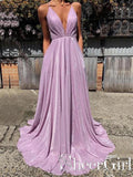 Lilac Shimmering Fabric Floor Length Party Dress Deep V Neck Lace Up Back Prom Dress ARD2528-SheerGirl