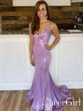 Lilac Sparkly Pleated Plunging Neck Bodycon Mermaid Long Prom Dress ARD2561-SheerGirl