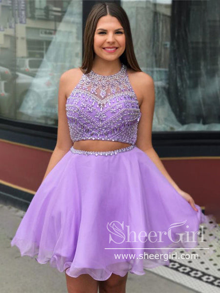 Lilac Two Piece Beaded Racer's Back Short Prom Dress
