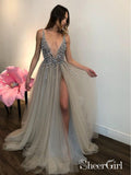 Long Backless Grey Sexy Prom Dresses with Slit Rhinestone See Through Evening Gowns APD3296-SheerGirl