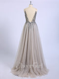 Long Backless Grey Sexy Prom Dresses with Slit Rhinestone See Through Evening Gowns APD3296-SheerGirl