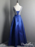 Long Beaded Satin Prom Dresses Simple V Neck Royal Blue Maternity Formal Dresses ARD1060-SheerGirl