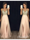 Long Blush Pink Chiffon Beaded Prom Dresses V Neck Maxi Formal Dresses with Slit APD1922-SheerGirl