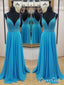 Long Chiffon Cheap Beaded Prom Dresses Spaghetti Strap V Neck Backless Formal Evening Dress APD3324