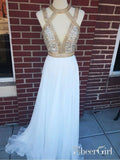 Long Chiffon Deep V-Neck Gold Prom Dresses Beaded Formal Evening Ball Gowns APD3418-SheerGirl