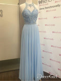 Long Chiffon Lace Beaded Prom Dresses Light Blue Halter Formal Evening Gowns APD3382-SheerGirl