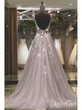 Long Grey Tulle Appliqued Prom Dresses See Through Backless Plus Size Formal Dresses ARD1038-SheerGirl