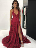 Long Lace Burgundy Formal Evening Gowns Spaghett Strap Prom Dresses with Slit APD3416-SheerGirl