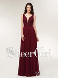 Long Lace Burgundy V-Neck Evening Gowns for Women Chiffon Open Back Prom Dresses APD3243-SheerGirl