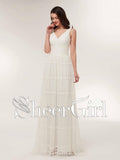 Long Lace Ivory Double V-Neck Bridal Gowns Sleeveless Beach Wedding Dresses APD3244-SheerGirl