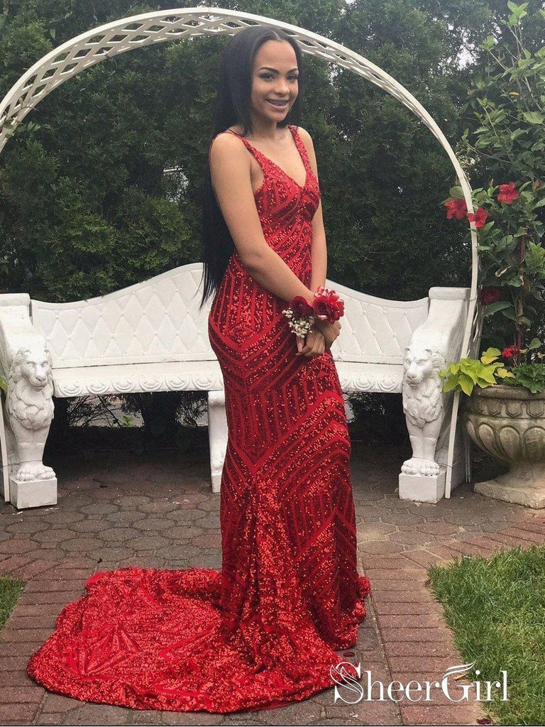 Long Mermaid Prom Dresses for Women Red Mermaid Sparkly Evening ...