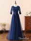 Long Prom Dress Navy Blue Half Sleeve Lace Applique Formal Evening Dresses 2018 APD3261