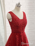 Long Red Backless Prom Dresses V Neck Tulle Lace Applique Formal Ball Gowns APD3259-SheerGirl