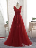 Long Red Backless Prom Dresses V Neck Tulle Lace Applique Formal Ball Gowns APD3259-SheerGirl