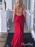 Long Red Ruched Prom Dresses Backless Side Slit Formal Dresses APD3266-SheerGirl