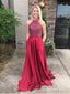 Long Satin A Line Burgundy Prom Dresses Beaded Halter Formal Evening Dress APD3384