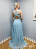 Long Sky Blue Formal Evening Dress Lace Bodice Cross Back Cheap Prom Dresses 2018 APD3307-SheerGirl