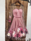 Long Sleeve 3D Flowers Homecoming Dresses Illusion Applique Short Prom Dress ARD2432-SheerGirl