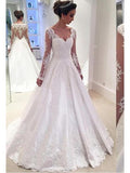 Long Sleeve A Line Lace Wedding Dress See Through Back Wedding Dress AWD1002-SheerGirl