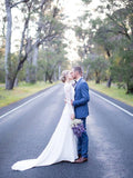 Long Sleeve Backless Ivory Wedding Dresses Lace&Satin Rustic Wedding Dress AWD1200-SheerGirl